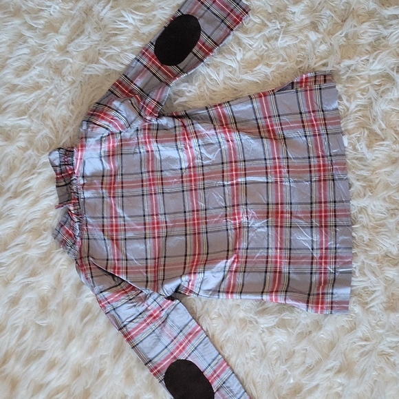 Devon Baer XS Grey Plaid Silk Ruffle Blouse with Suede Elbow Patches - Picture 5 of 6